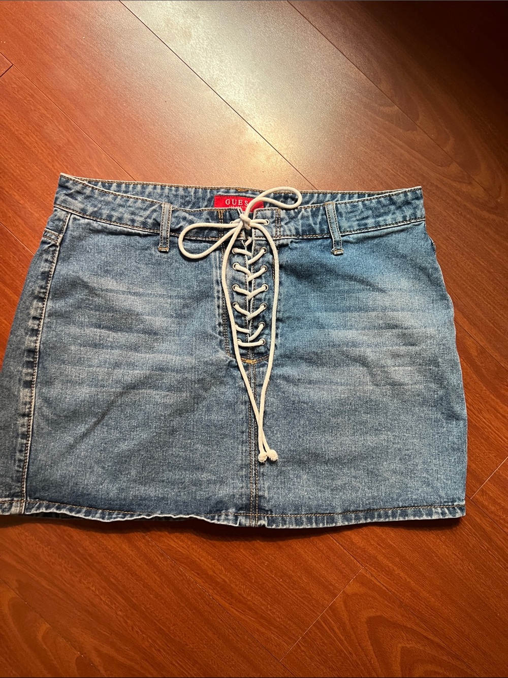 GUESS Light Blue Denim Lace-Up Mini Skirt size L Y2K